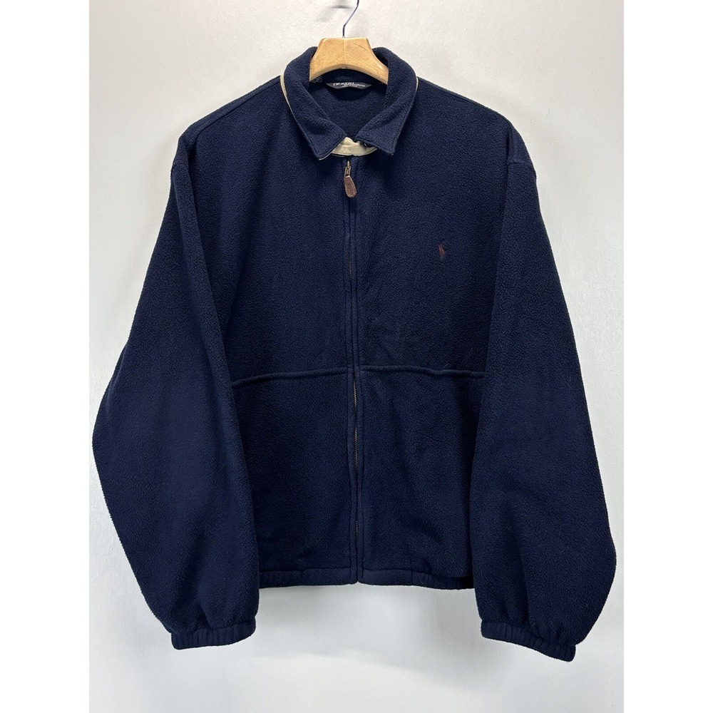 Vtg Polo Ralph Lauren Fleece Bomber Jacket XLarge Mens Navy Pony 90's Made USA